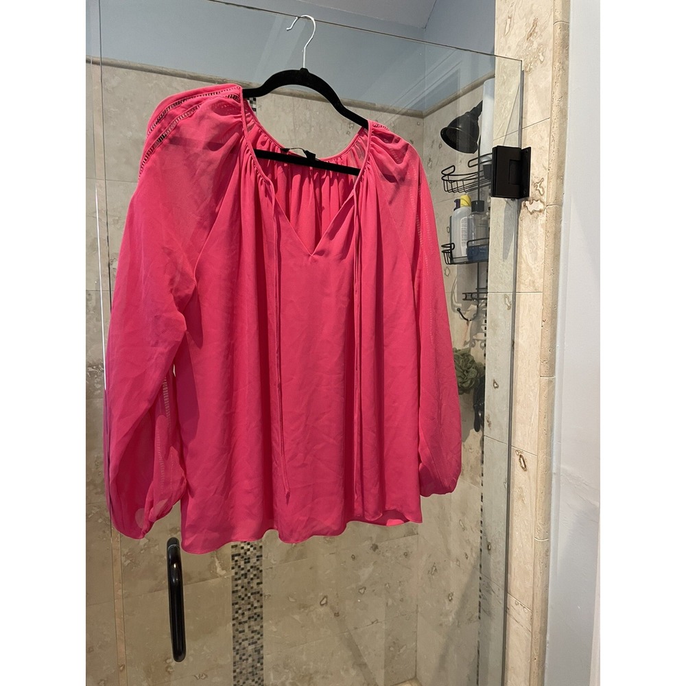 WHITE HOUSE BLACK MARKET Hot Pink V-Neck Ladder Trim Boho Blouse Top 12 Large